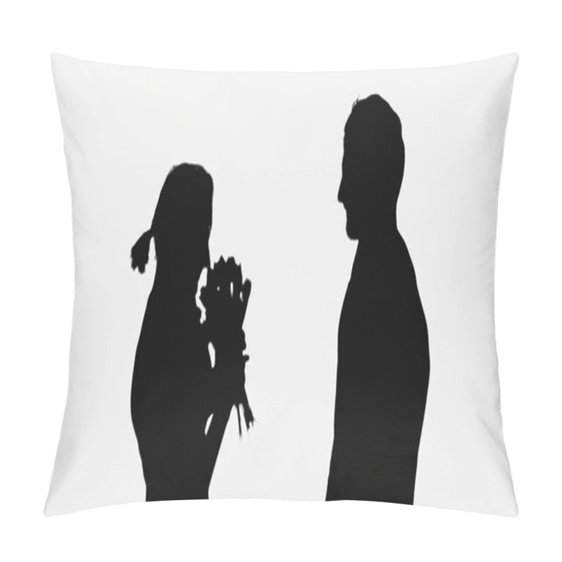 Personality  Black Shadows Of Woman With Flowers Near Man Isolated On White Pillow Covers