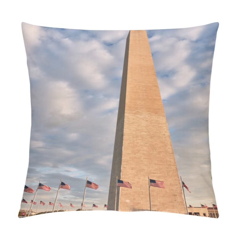 Personality  A Row Of Four American Flags Stand Tall, Waving Gracefully In The Evening Breeze Against A Backdrop Of A Partly Cloudy Sky. The Flags Are Positioned In A Park-like Setting With Lush Green Grass And Trees. Pillow Covers