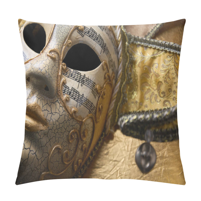 Personality  Close Up Of Golden Venetian Mask, Fancy Carnival Mask With Details And Musical Notes On Golden Surface. Pillow Covers