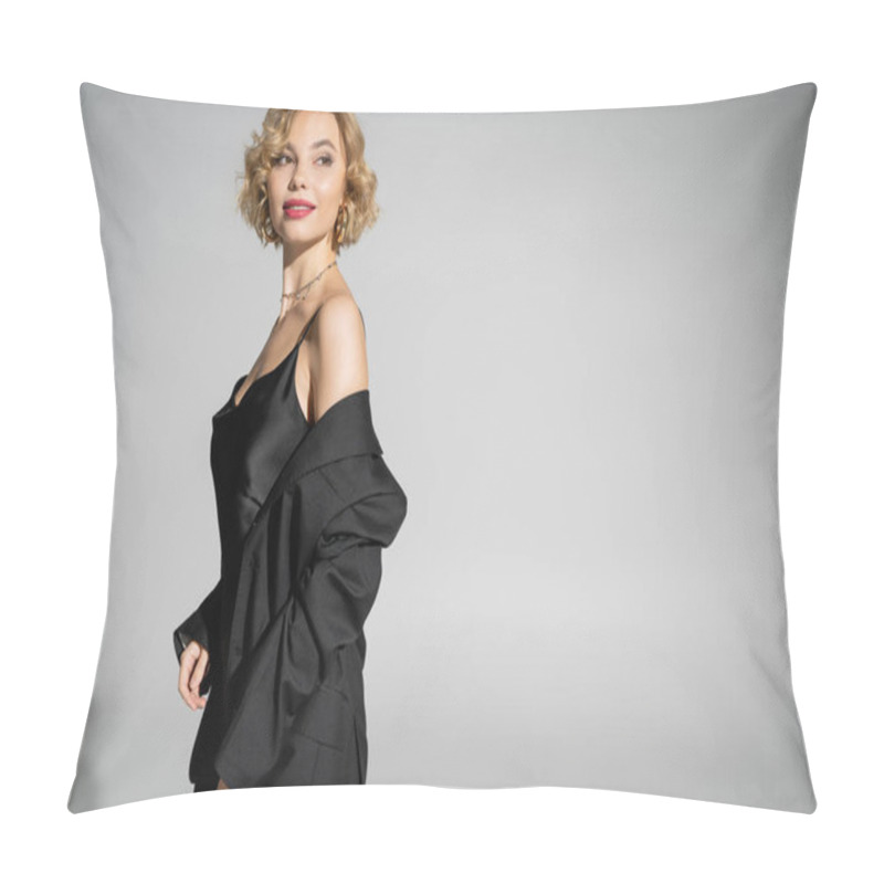 Personality  Joyful Young Woman In Black Blazer And Slip Dress Looking Away On Grey Background  Pillow Covers