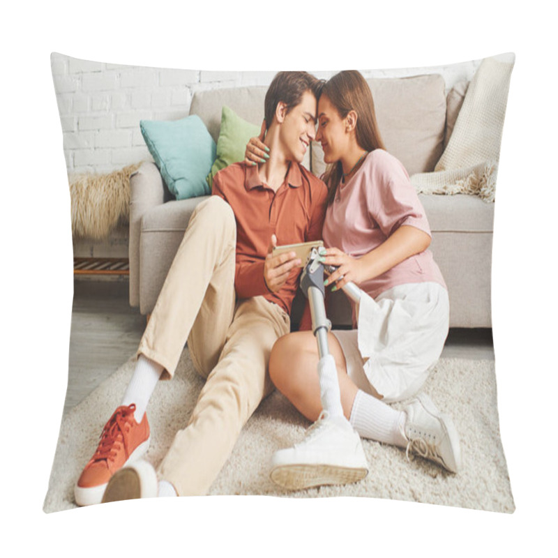 Personality  A Couple Sits On A Fluffy Rug, Sharing A Tender Moment. Pillow Covers