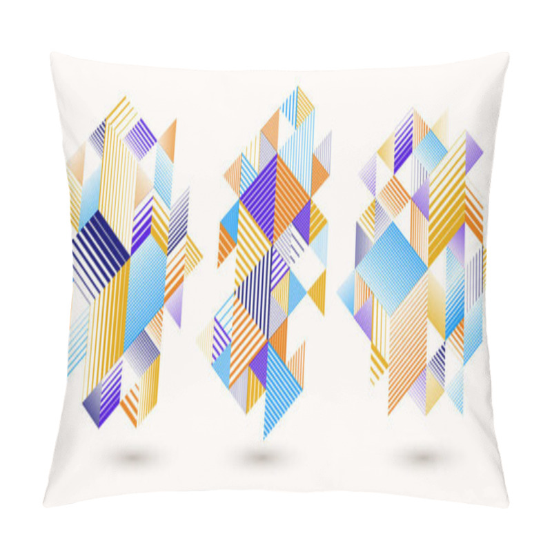 Personality  Abstract Polygonal Backgrounds With Stripy Triangles And 3D Cubes Vector Designs Set. Templates For Different Advertising Or Covers Or Banners. Retro Style Graphic Elements. Pillow Covers