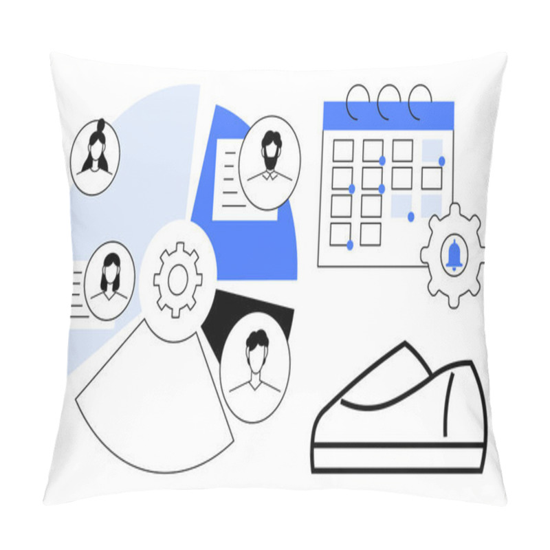 Personality  Calendar With Marked Dates, Pie Chart With Team Member Avatars, A Gear, And A Sneaker. Ideal For Project Management, Scheduling, Teamwork, Productivity, Workflow Optimization, Task Delegation, Time Pillow Covers