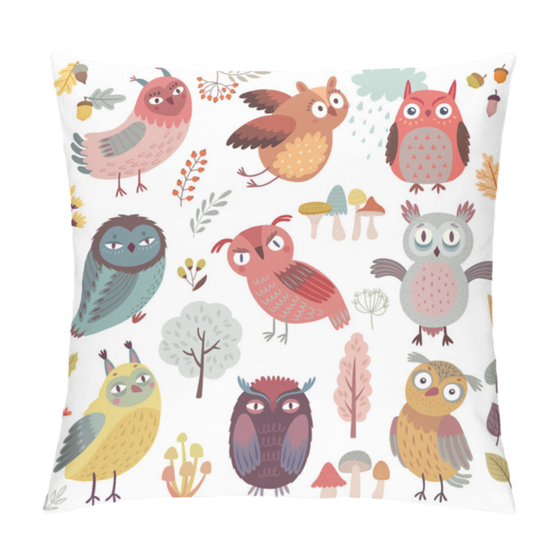 Personality  Cute Woodland Owls. Funny Characters With Different Mood. Vector Illustration. Pillow Covers