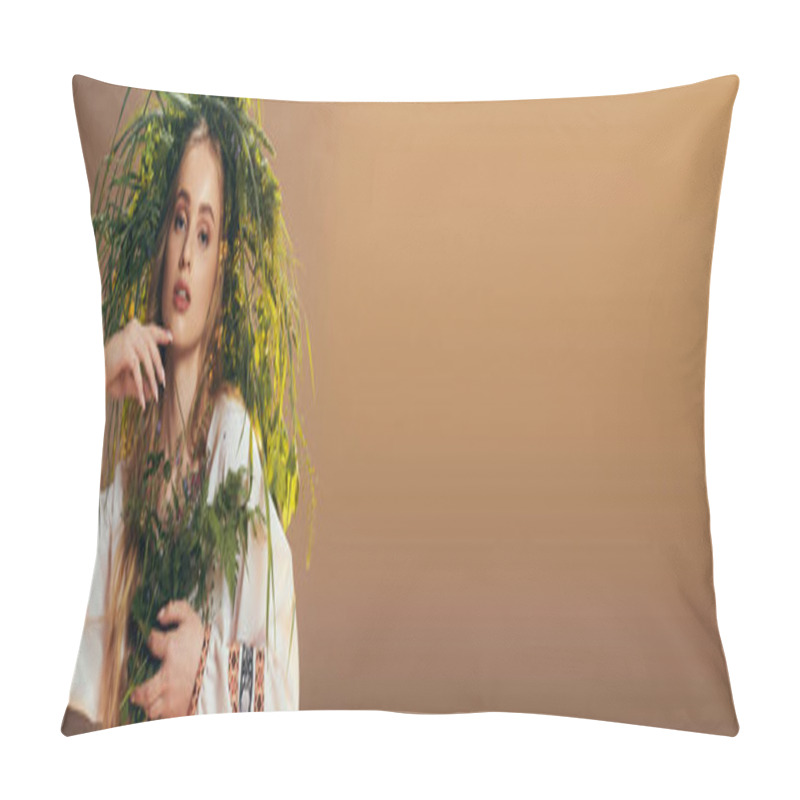 Personality  A Young Mavka In A Traditional Outfit Adorned With An Ornate Wreath, Set In A Magical Fairy And Fantasy Studio. Pillow Covers