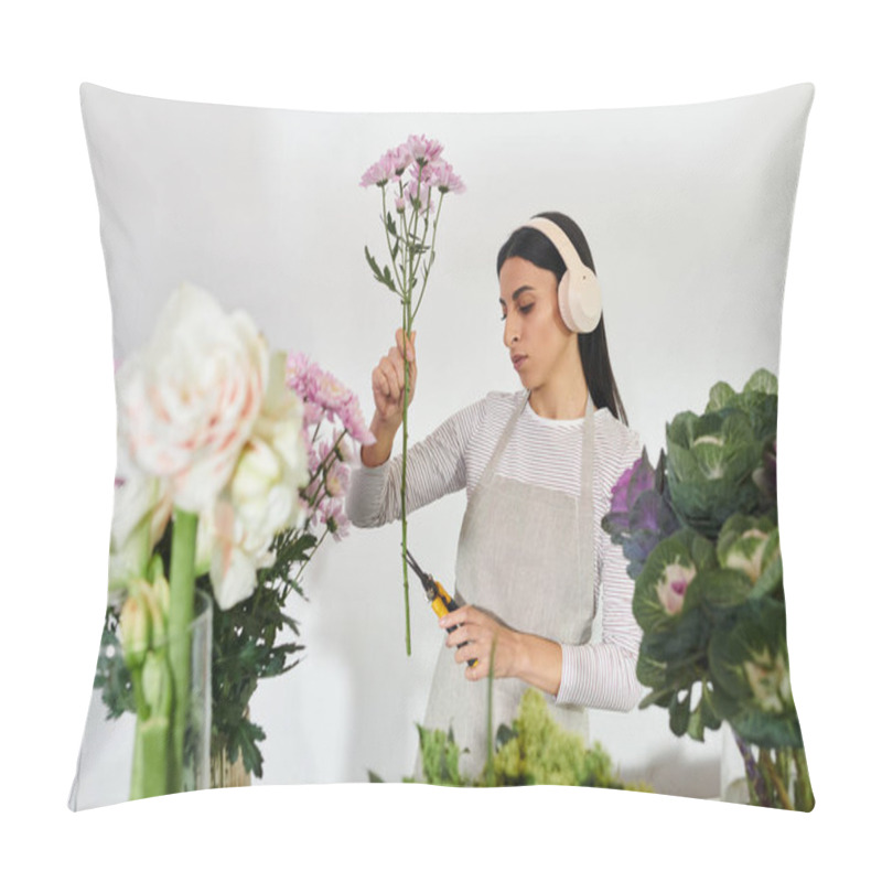 Personality  A Skilled Florist Carefully Trims Flowers, Creating Beautiful Arrangements In Her Shop. Pillow Covers