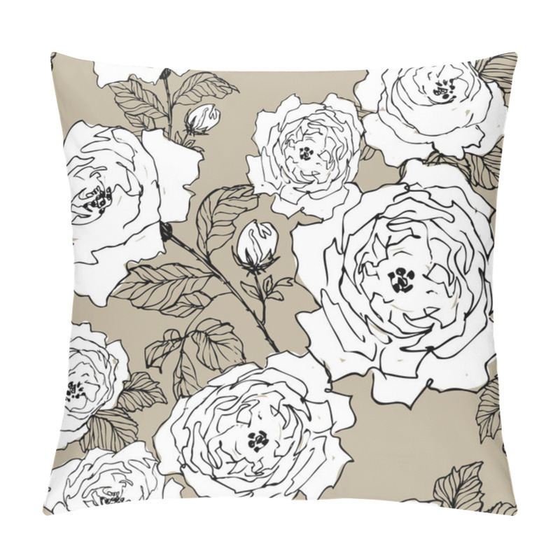 Personality  Seamless Pattern Of Wild Roses Blossom Branch Isolated On Brown. Hand Drawn Blossom Branches With White Silhouette And Linear Contour. Vintage Botanical Hand Drawn Illustration. Spring Flowers Of Pillow Covers