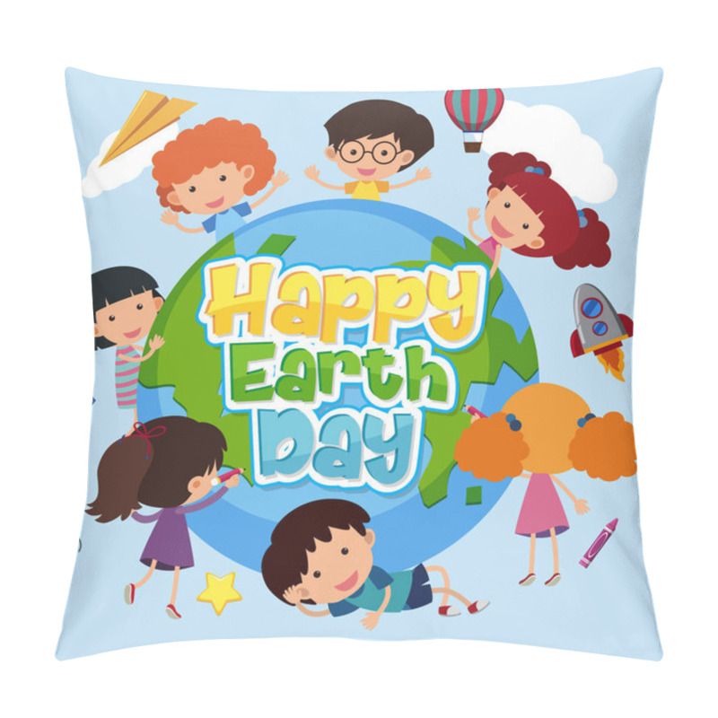 Personality  Poster Design For Happy Earth Day With Happy Kids On Earth Illustration Pillow Covers