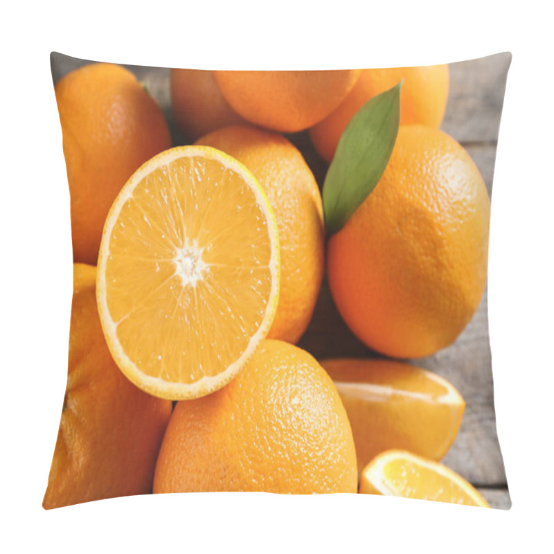 Personality  Fresh Oranges With Leaves On Wooden Table, Closeup Pillow Covers