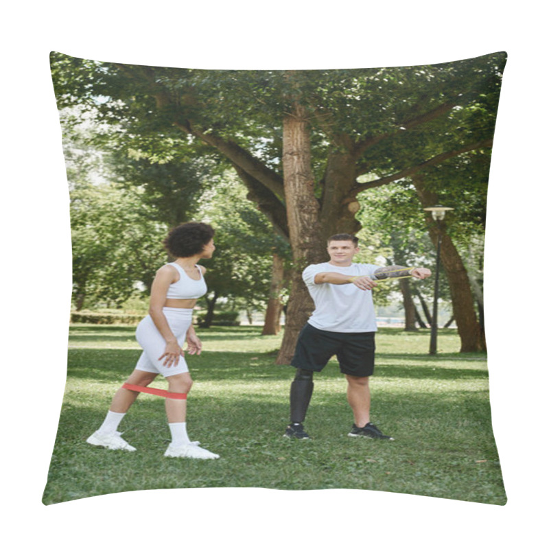 Personality  Two Friends Engage In A Motivational Outdoor Workout, Embracing Diversity And Friendship. Pillow Covers