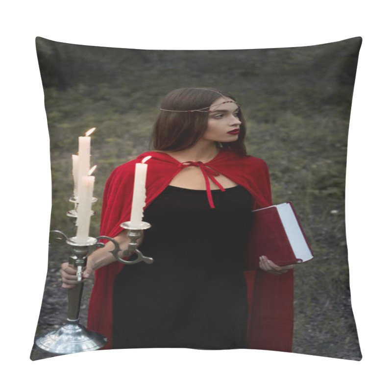 Personality  Beautiful Mystic Girl In Red Cloak Holding Candelabrum With Flaming Candles And Magic Book In Forest Pillow Covers