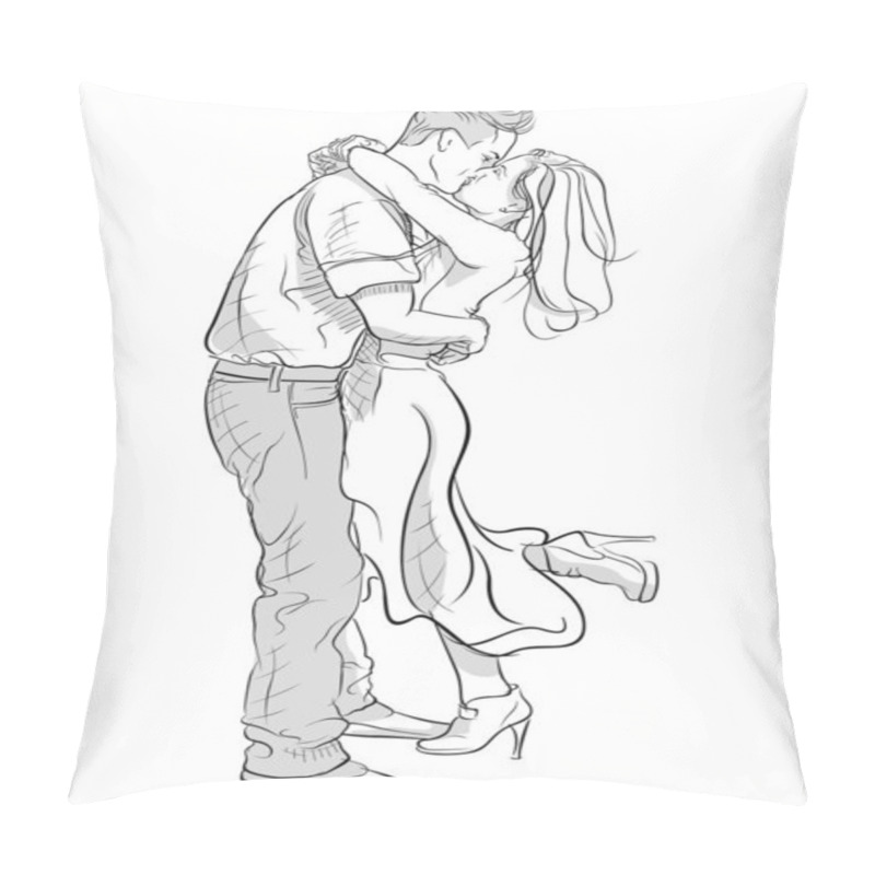 Personality  Romantic Kissing And Hugging Couple - Black And White Hand Drawn Illustration, Vector Graphic Pillow Covers