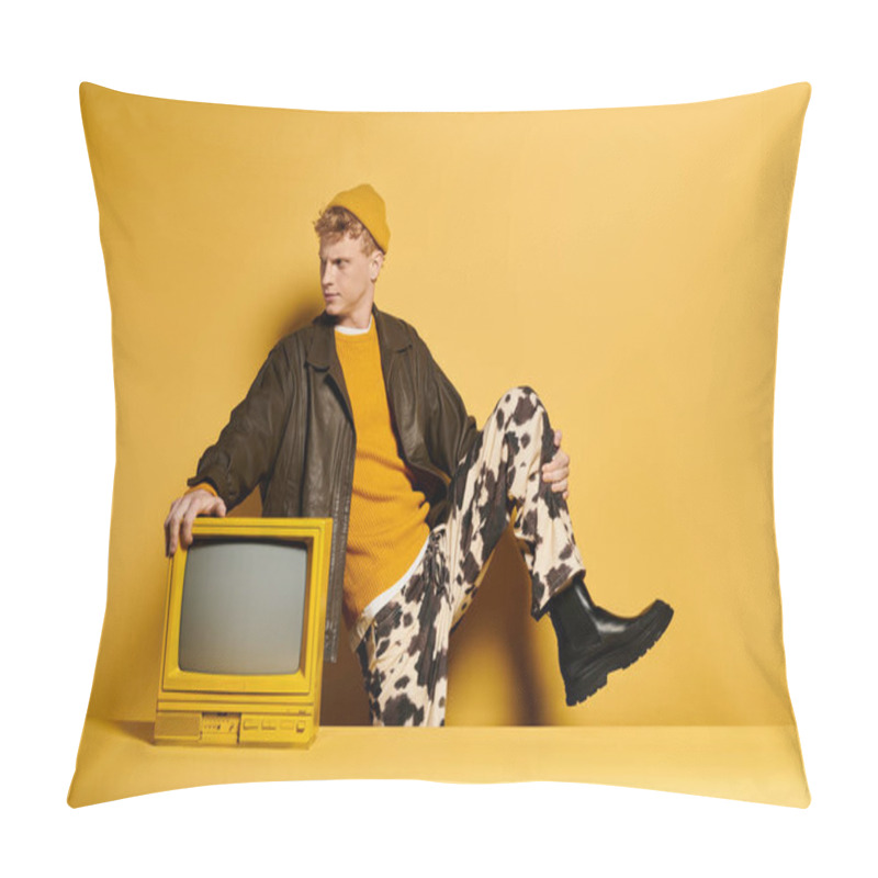 Personality  A Young Redhead Man Poses Confidently In A Fashionable Winter Outfit, With A Vintage Television Nearby Pillow Covers