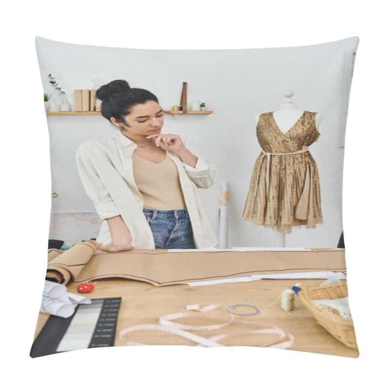 Personality  A Woman Stands At A Dress Making Machine, Upcycling Clothes For An Eco-friendly Project. Pillow Covers