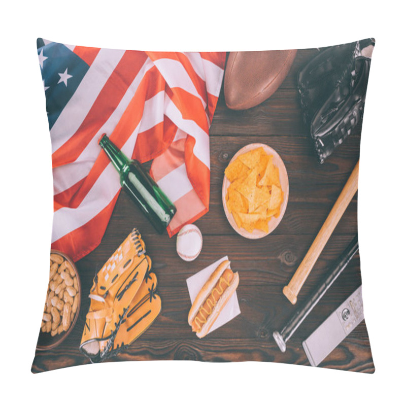 Personality  Top View Of Junk Food, American Flag And Sport Equipment On Wooden Table Pillow Covers