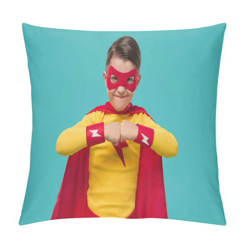 Personality  Boy In Superhero Costume Looking At Camera In Studio Pillow Covers