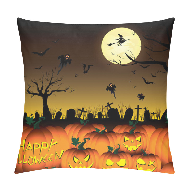 Personality  Happy Halloween Pumpkin And Witch Ghost Bats With Tree In Moon Night On Black Sky. Pillow Covers