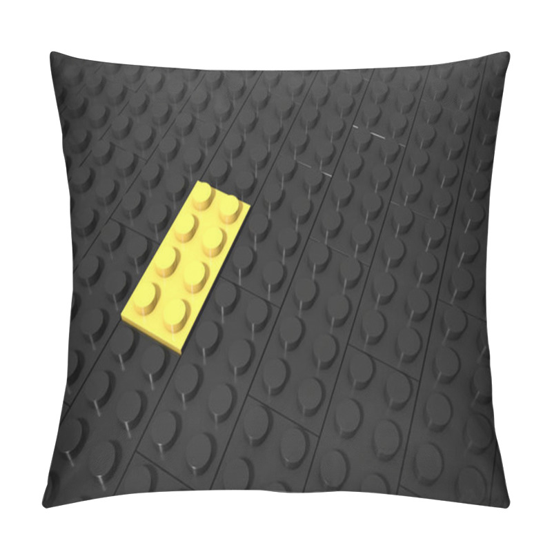 Personality  3d Illustration: Yellow Different Toys Piece Lies Separately On A Black Background Is Inserted In The Groove. Business Concept: Unique, Not Like Everyone Else. Cube Children's  Of Erector Plastic Set. Pillow Covers