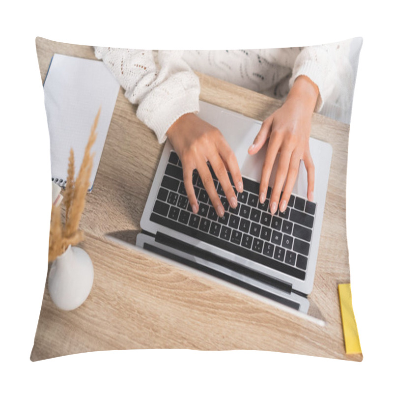 Personality  Top View Of Young Woman Typing On Laptop At Home Pillow Covers