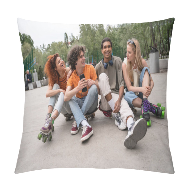 Personality  Curly Man With Portable Music Speaker Sitting On Asphalt Near Multiethnic Friends Pillow Covers