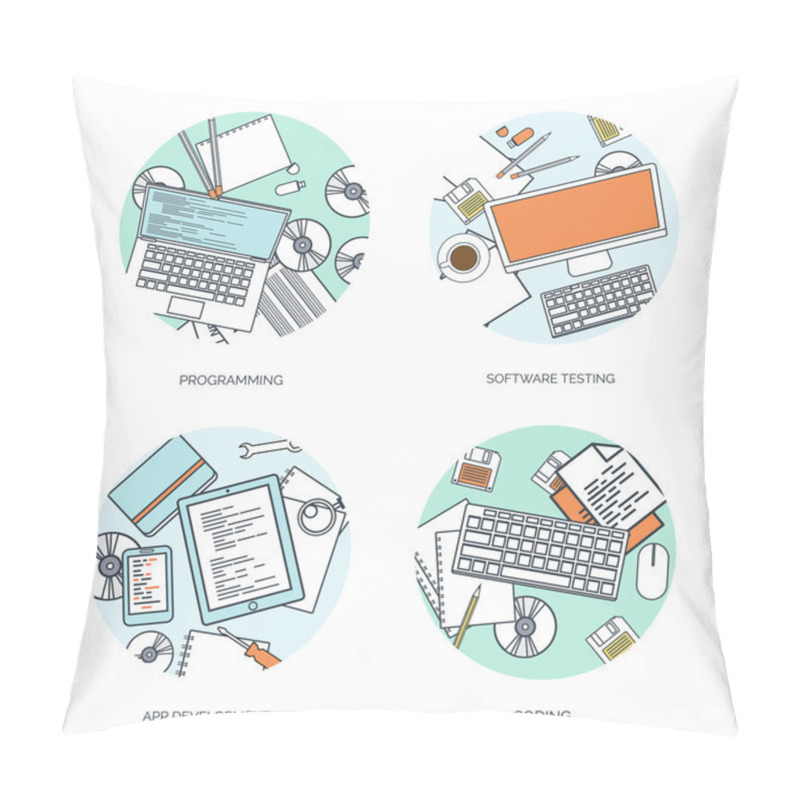 Personality  Vector Illustration. Flat Background. Coding, Programming. SEO. Search Engine Optimization. App Development And Creation. Software, Program Code. Web Design. Pillow Covers