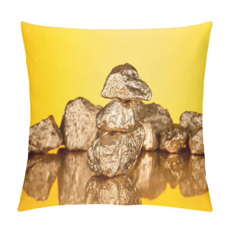 Personality  Selective Focus Of Three Gold Shiny Stones With Reflection Isolated On Yellow  Pillow Covers