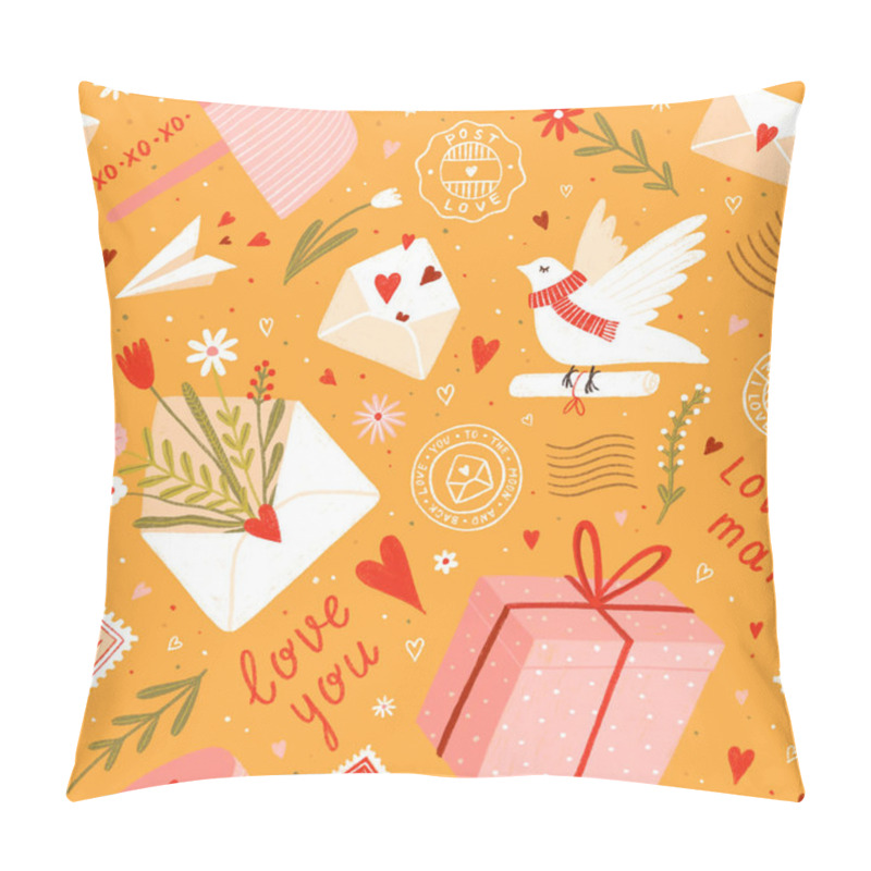 Personality  Seamless Cute Valentine Pattern With Letters, Flowers, Hearts And White Doves. Pillow Covers