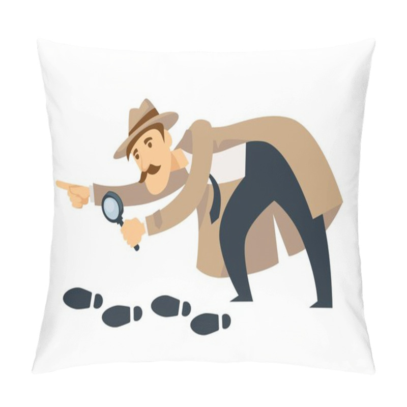 Personality  Professional Detective In Beige Coat And Hat With Thick Mustaches And Magnifier Follows Footprints And Investigates Mysterious Crime Isolated Cartoon Flat Vector Illustration On White Background. Pillow Covers