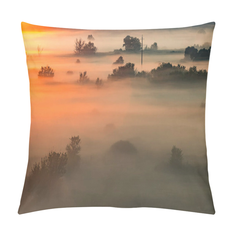 Personality  Beautiful Panoramic Landscape With River Valley Covered By Thick Fog In Autumn In The Early Morning. Sunrise. Sun Rays Shine Through The Thick Fog. Electric Power Transmission Line In Fog. Pillow Covers