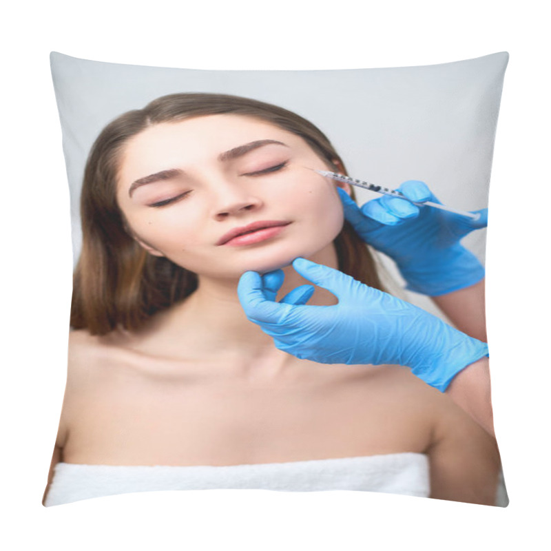 Personality  Beautician Doctor With Botulinum Toxin Syringe Making Injection To To Remove Crows Feet. Cheek Volume Enhance Mesotherapy. Anti-aging Treatment And Face Lift In Cosmetology Clinic. Pillow Covers