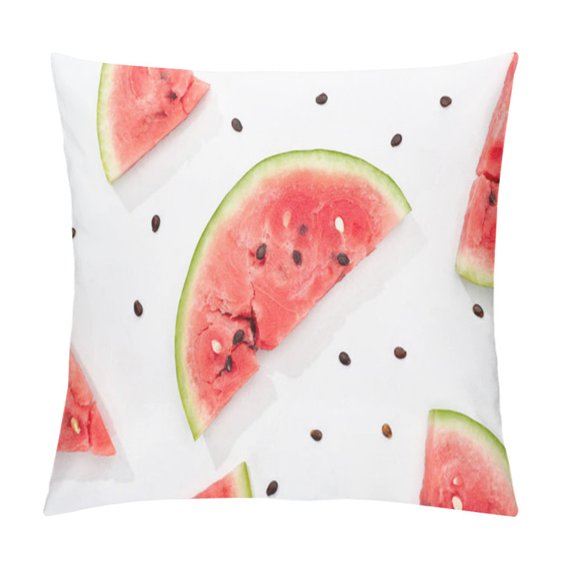 Personality  Top View Of Delicious Juicy Watermelon Slices With Seeds On White Background Pillow Covers