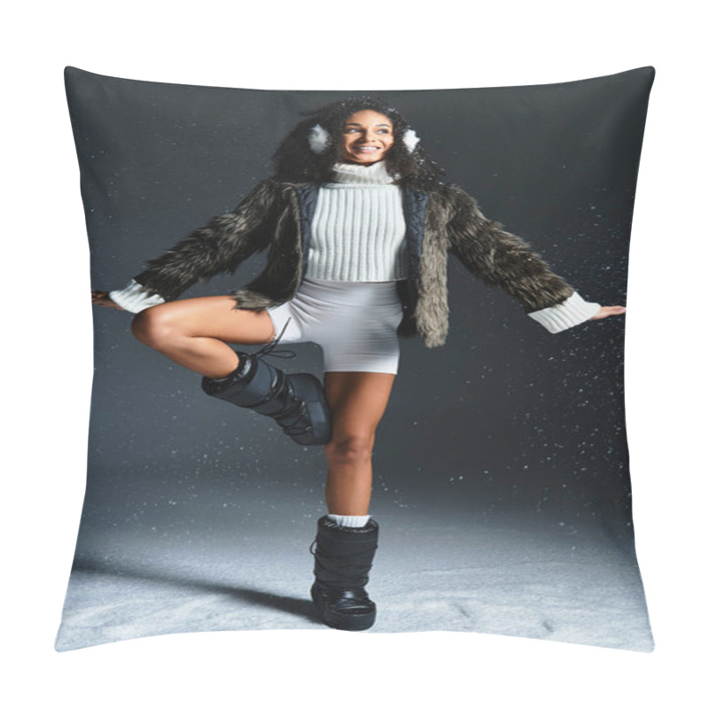 Personality  A Brunette Woman Radiates Style In A Faux Fur Jacket And Earmuffs, Celebrating Winter Fashion In A Studio. Pillow Covers