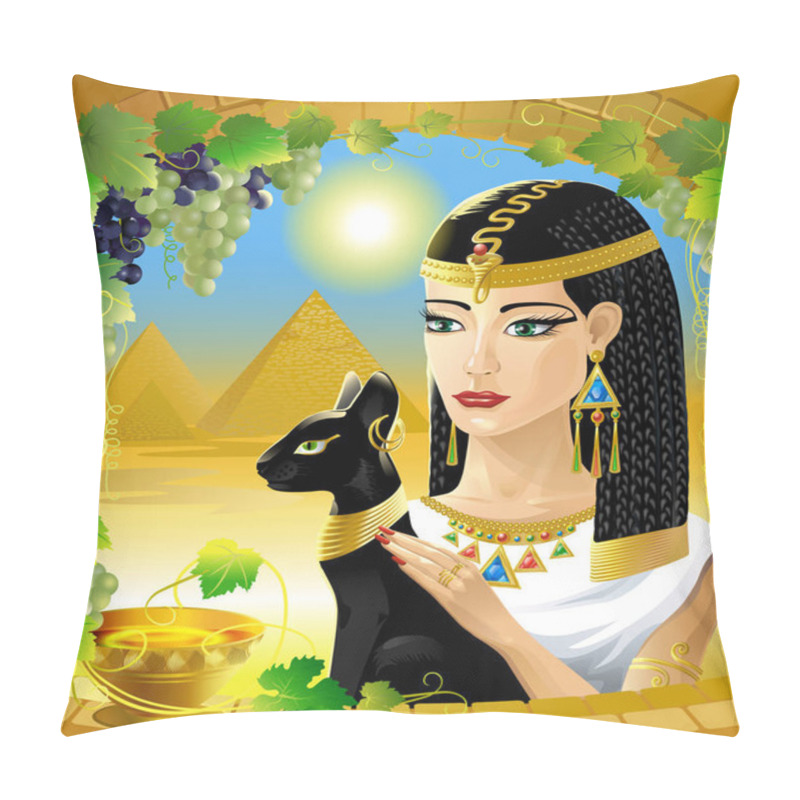 Personality  The Egyptian Queen. Egyptian Woman With A Black Cat On A Background Of The Egyptian Pyramids. Pillow Covers