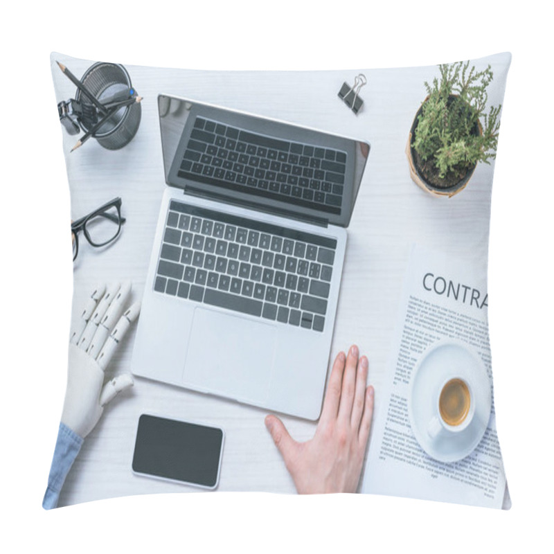 Personality  Partial View Of Businessman With Prosthetic Arm Working At Table With Smartphone, Laptop And Contract Papers In Office  Pillow Covers