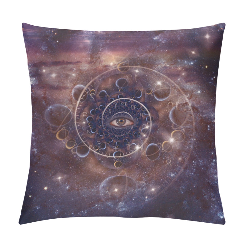 Personality  God's Eye And Spiral Clock In Space. 3d Rendering. Pillow Covers