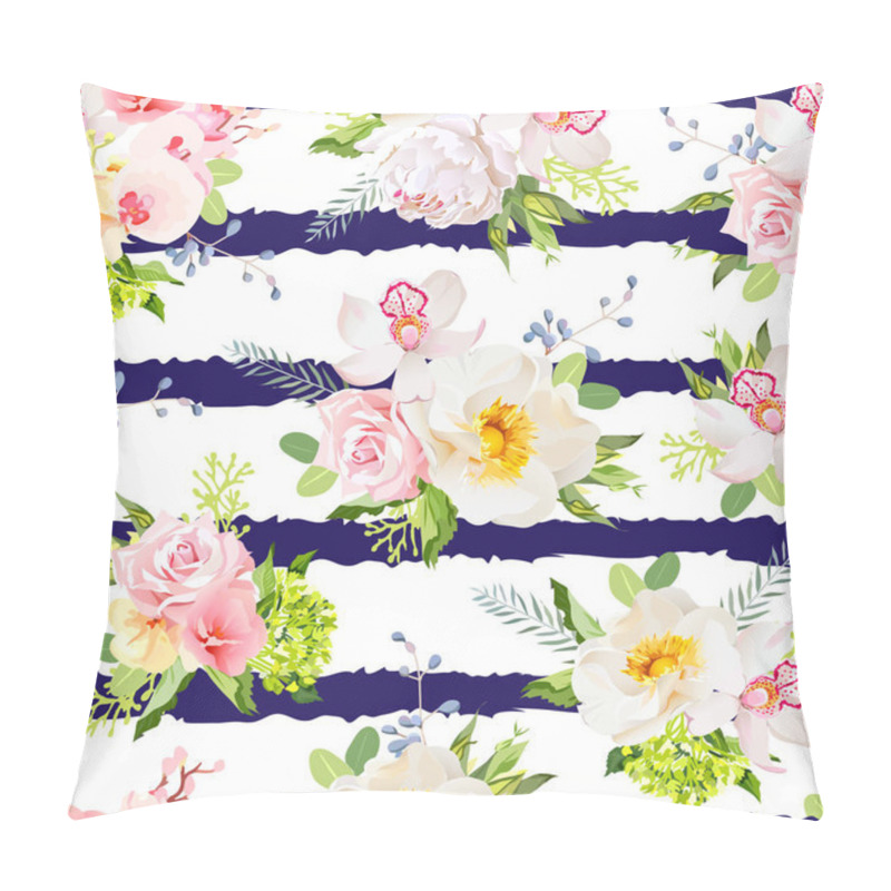 Personality  Navy Striped Print With Bouquets Of Wild Rose, Peony, Orchid, Br Pillow Covers