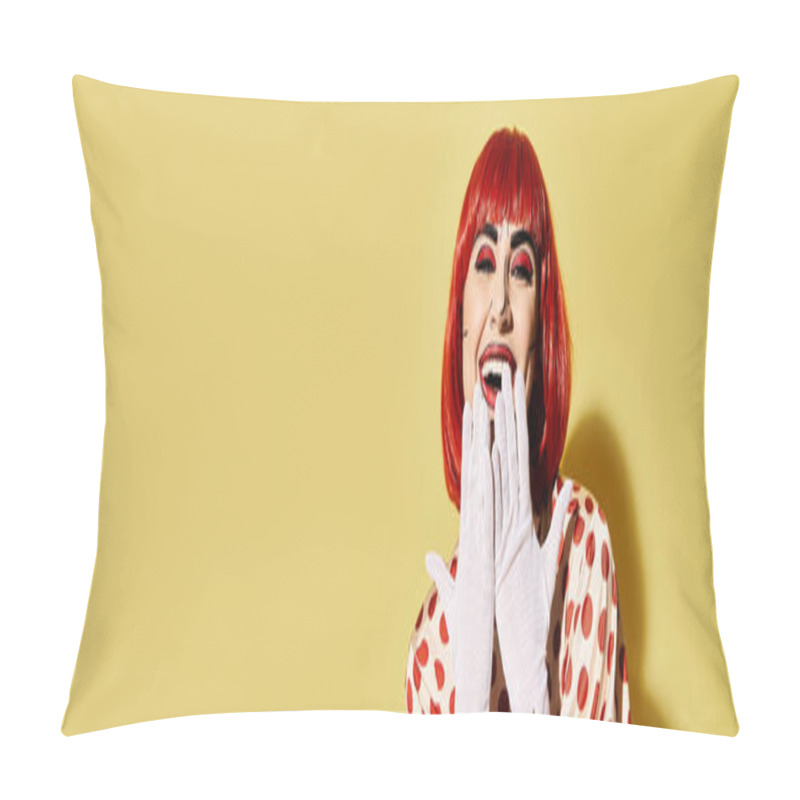 Personality  A Striking Redhead With Pop Art Makeup And White Gloves, Exuding Charm And Mystery On A Vibrant Yellow Backdrop. Pillow Covers