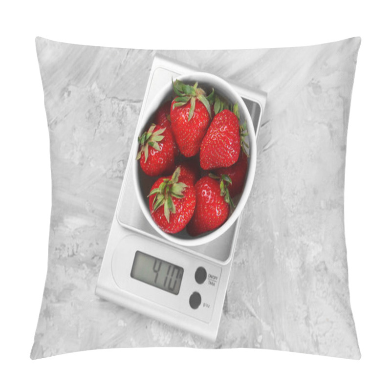 Personality  Kitchen Scale With Bowl Of Strawberries On Grey Textured Table, Top View Pillow Covers