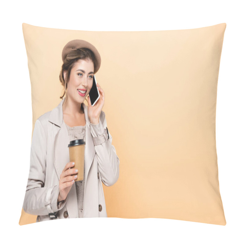 Personality  Young Woman In Stylish Autumn Outfit Holding Coffee To Go While Talking On Smartphone Isolated On Peach Pillow Covers