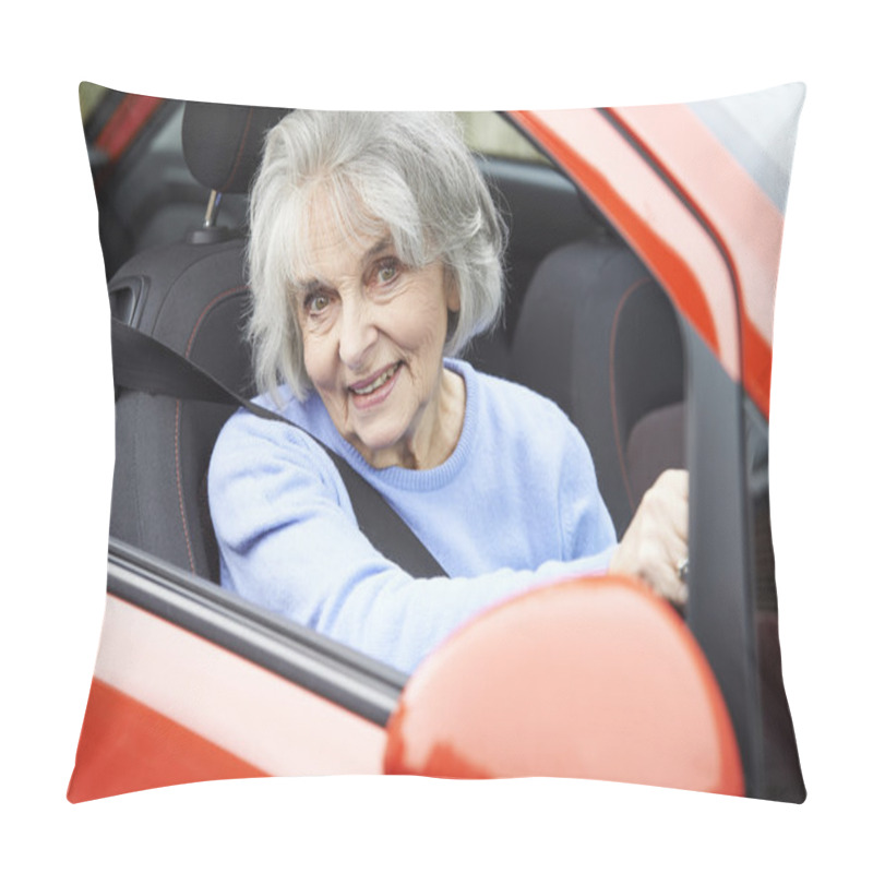 Personality  Portrait Of Smiling Senior Woman Driving Car Pillow Covers