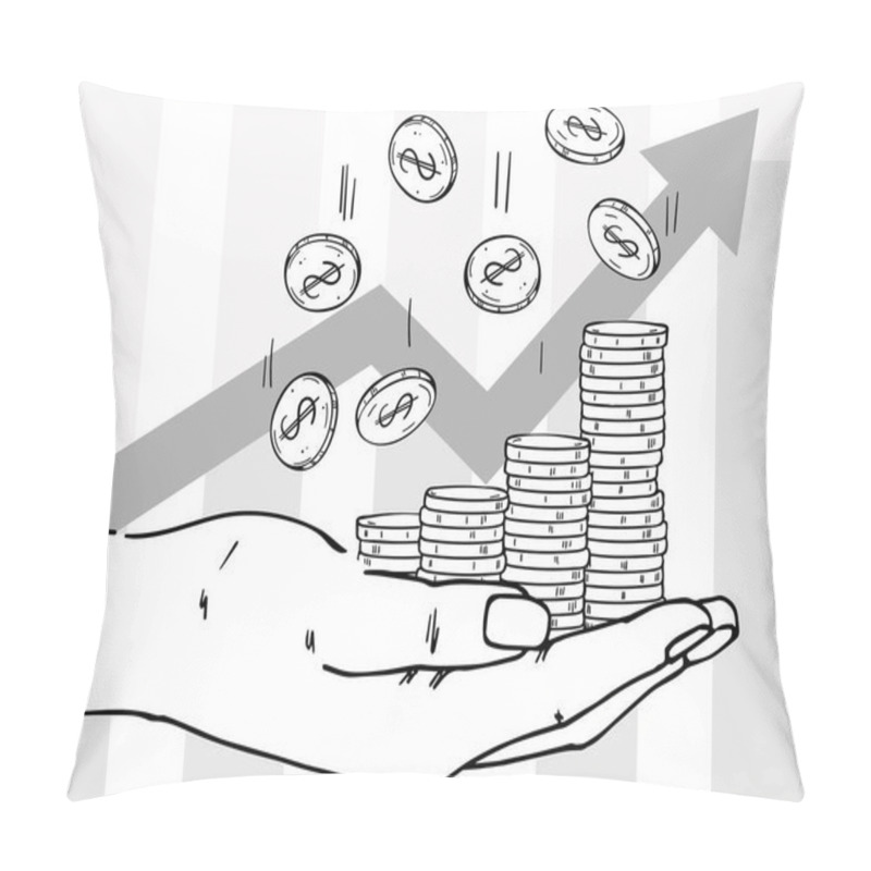 Personality  Palm With Stacks Of Coins. Coins Are Falling Down. Depicts Profit Growth, Financial Success, Increase In Cash. Pillow Covers