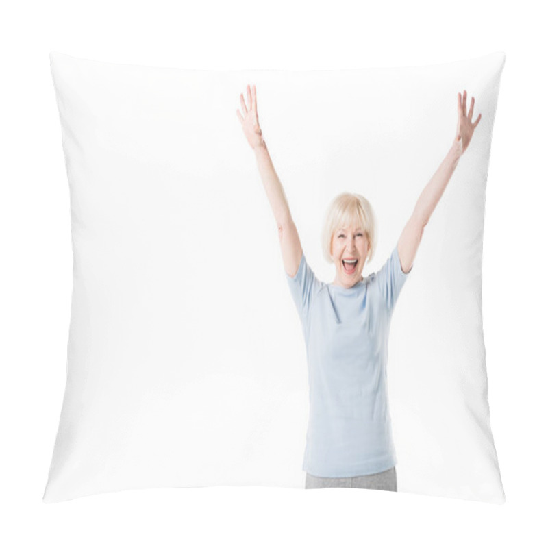 Personality  Senior Woman Standing With Arms Up Isolated On White Pillow Covers