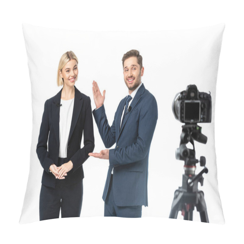 Personality  Happy News Anchor Pointing At Colleague Near Digital Camera On Blurred Foreground Isolated On White Pillow Covers