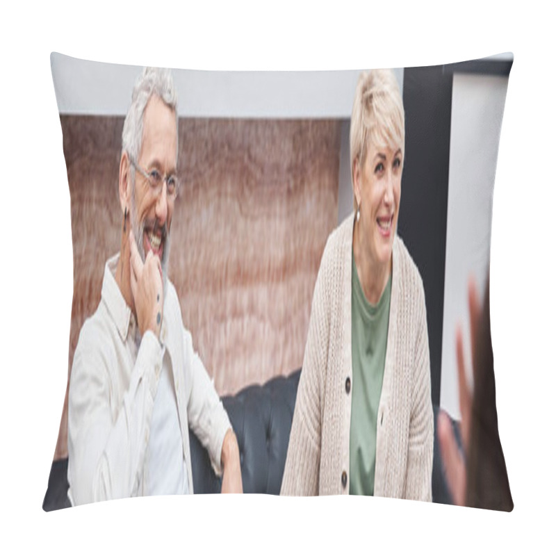 Personality  Happy Middle Aged Couple Sitting On Couch And Looking At Psychologist During Consultation, Banner Pillow Covers