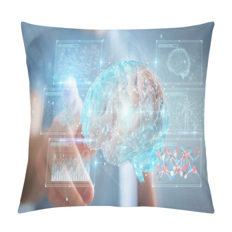 Personality  Businessman On Blurred Background Using Using Digital 3D Projection Of A Human Brain 3D Rendering Pillow Covers