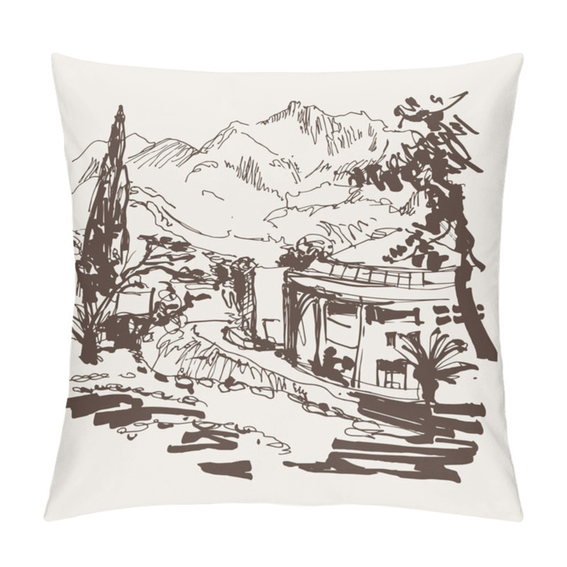 Personality  Sketching Of Park Alley View With Trees Cypress And Mountain In Pillow Covers