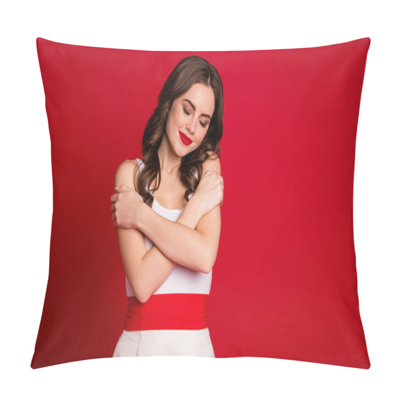 Personality  Photo Of Attractive Charming Lady Hold Herself Hugging Shoulders Amazing Soft Pleasant Skin Eyes Closed Wear White Dress Skirt Isolated Bright Red Color Background Pillow Covers