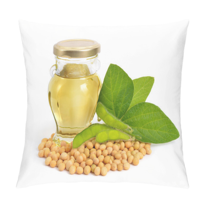 Personality  Soybean Oil In A Bottle With Green Pods And Leawes. Pillow Covers