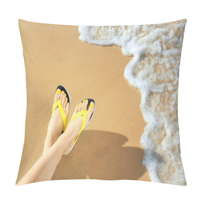 Personality  Closeup Of Woman With Flip Flops On Sand Near Sea, Space For Text. Beach Accessories Pillow Covers