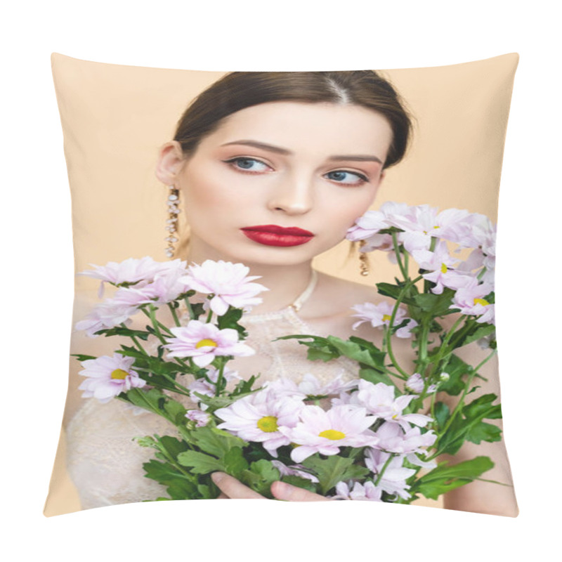 Personality  Young Woman Holding Blooming Chrysantemum Flowers And Looking Away Isolated On Beige  Pillow Covers